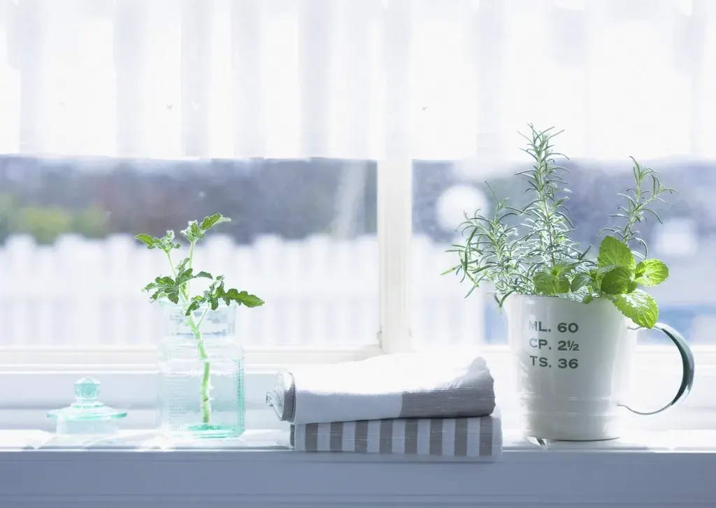 Bouquets de romarin et de menthe dans des pots posés devant une fenêtre